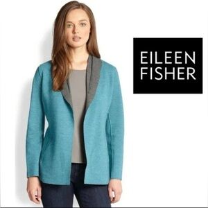 Eileen Fisher teal & gray felted merino wool open-front blazer cardigan size PM